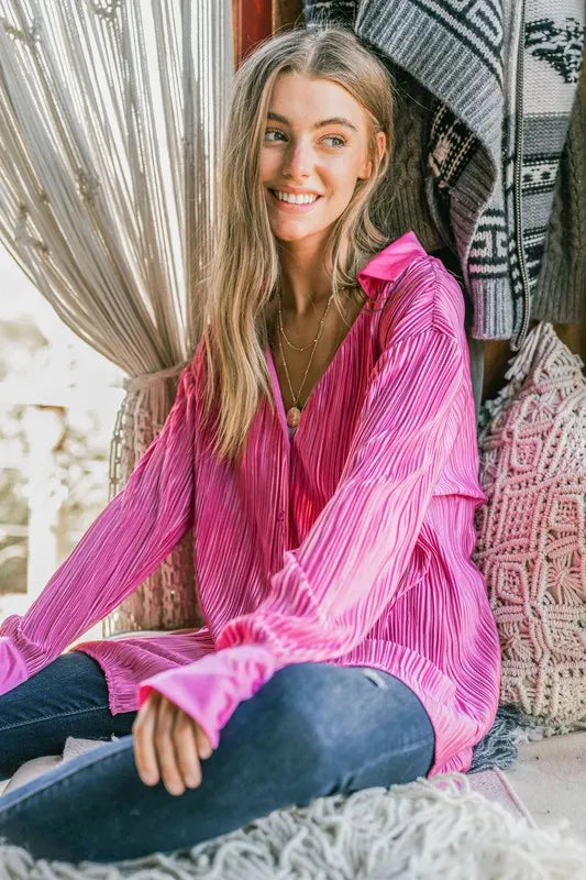 And The Why V Neck Pleated Long Sleeves Shirt