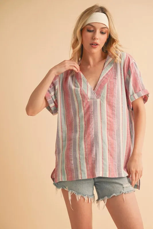 Aemi+Co Side Slit Striped Short Sleeve Blouse