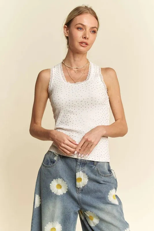 Davi & Dani Rhinestone Lace Trim Detail Tank
