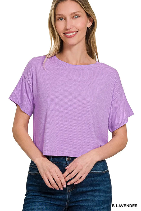 Zenana Ribbed Round-Neck Crop T-Shirt B LAVENDER