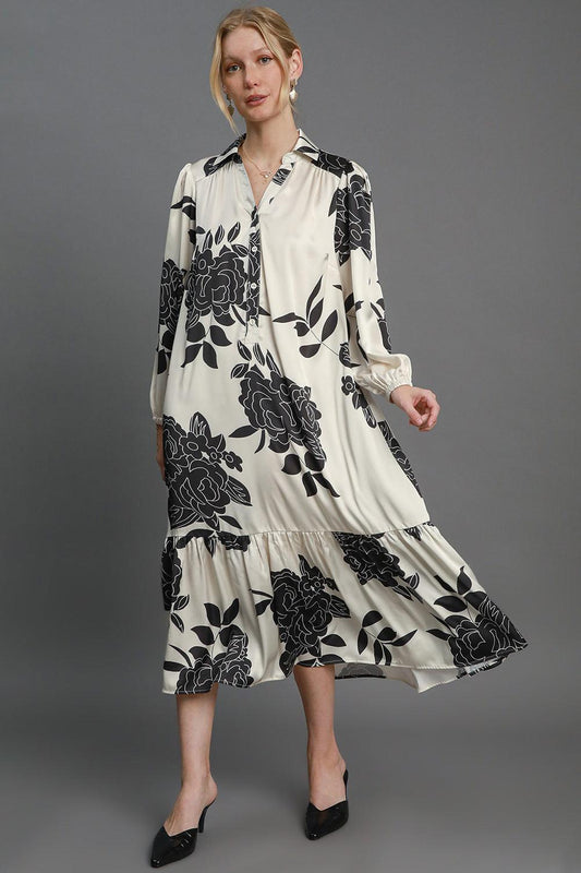 Umgee Ruffle Hem Flower Print Johnny Collar Dress Cream Mix