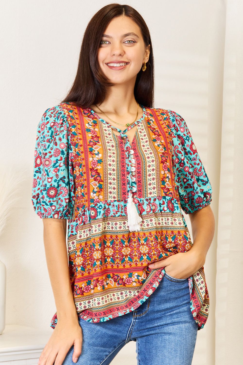 Devine Bohemian Tassel Tie Puff Sleeve Babydoll Blouse Light Blue