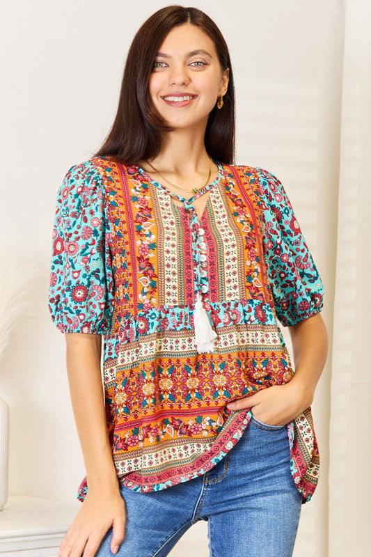 Devine Bohemian Tassel Tie Puff Sleeve Babydoll Blouse Light Blue