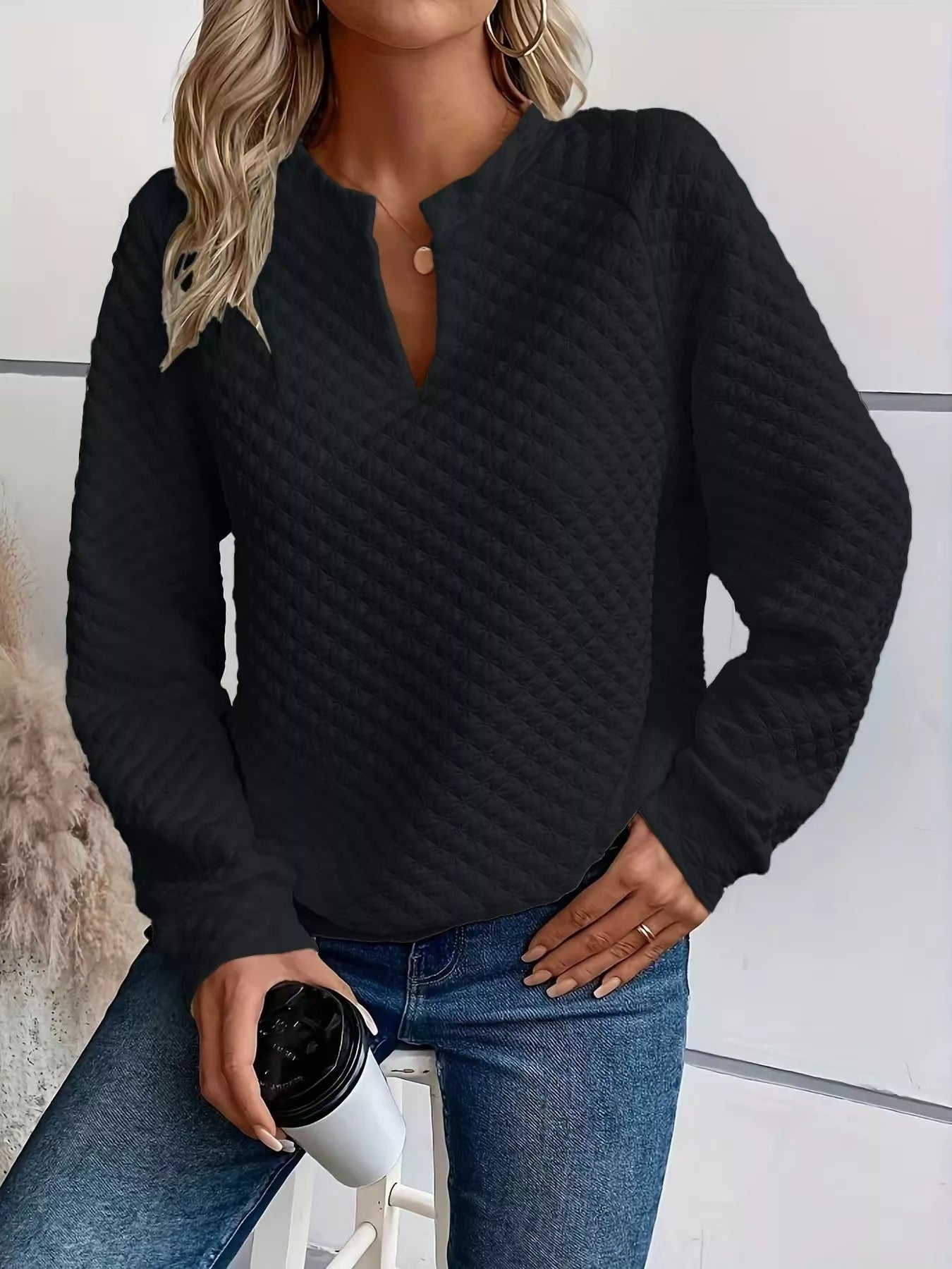Quilted Texture Long Sleeve Sweatshirt with Notched Neck