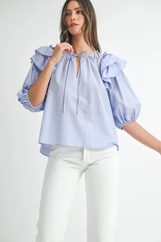 MABLE Stripe Ruffle Shoulder Puff Sleeve Blouse Light Blue