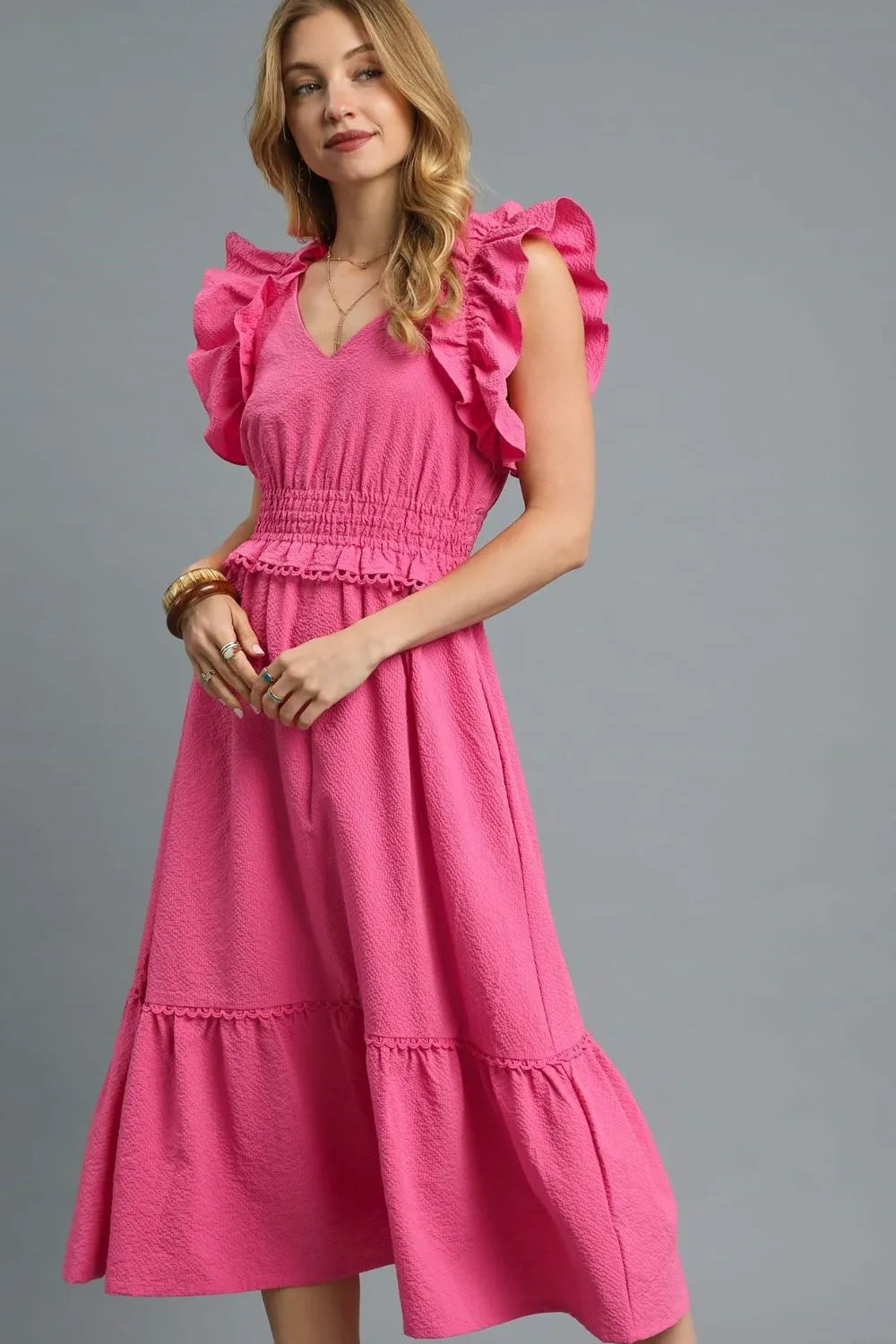 Umgee V-Neck Ruffled Cap Sleeve Midi Dress Hot Pink