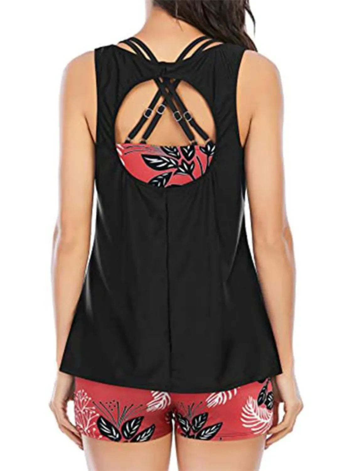 Cutout Printed Round Neck Three-Piece Swim Set Deep Red