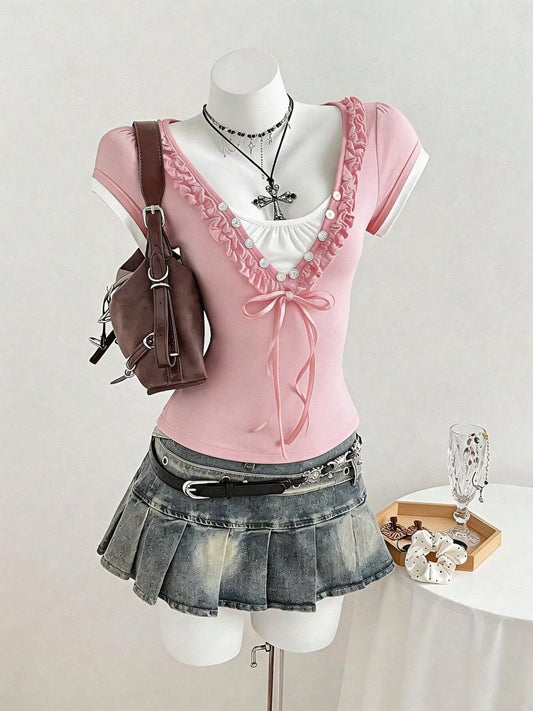 Pink Frill Cap Sleeve Slim Fit T-Shirt