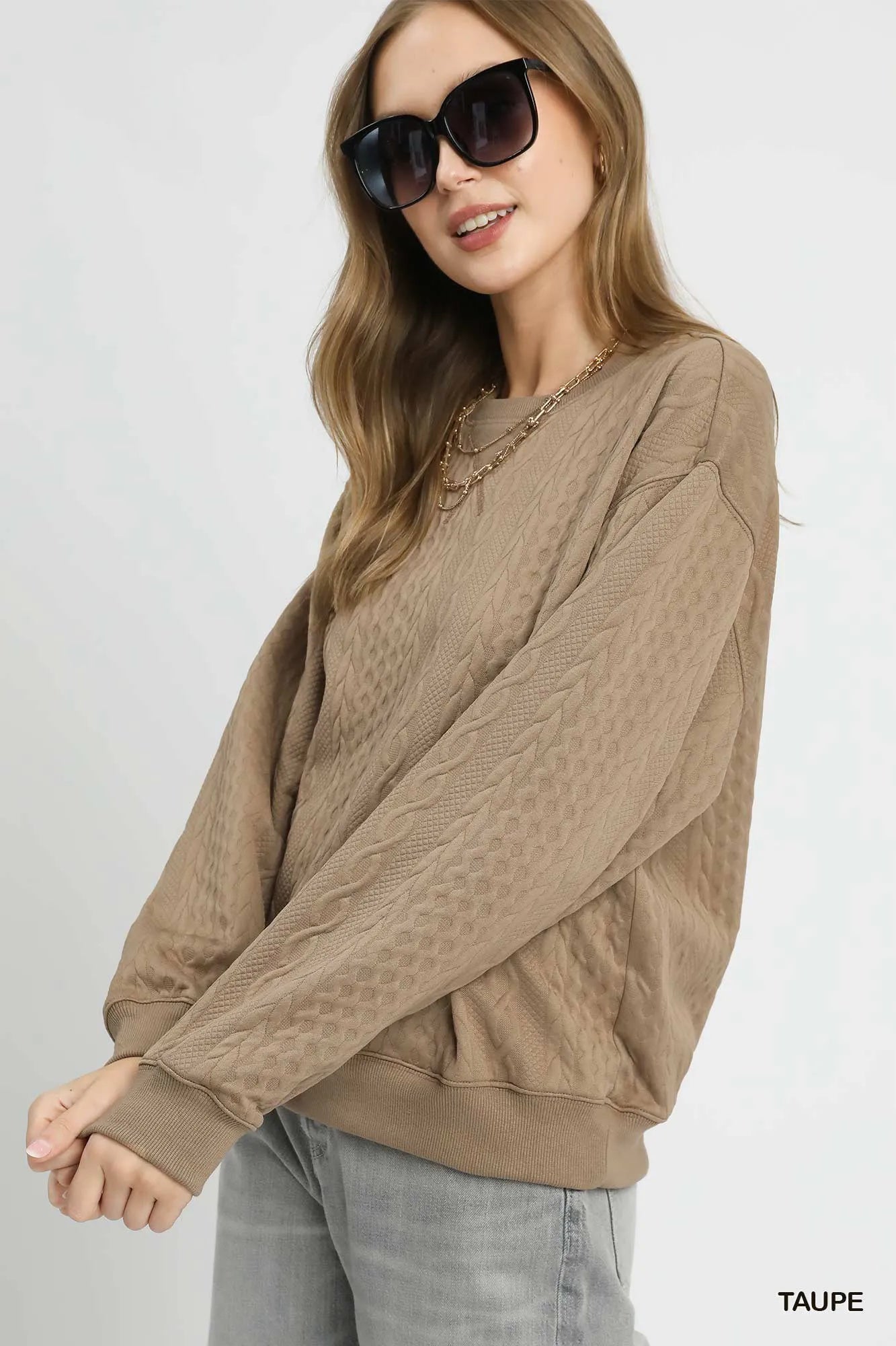 Umgee Cable Texture Pattern Sweatshirt with Ribbed Hem