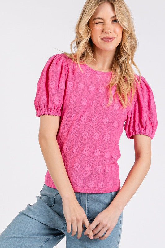 Mittoshop Flower Pattern Round Neck Short Sleeve Top Hot Pink