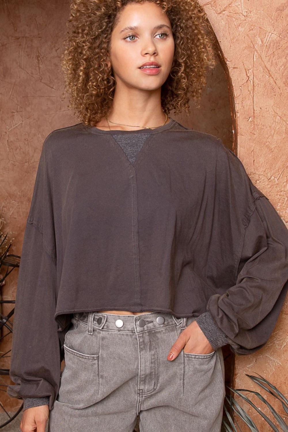 POL Cropped Long Sleeve Top Deep Charcoal