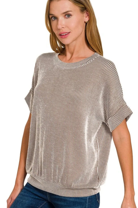 Zenana Corded Rib Short Sleeve T-Shirt BROWN