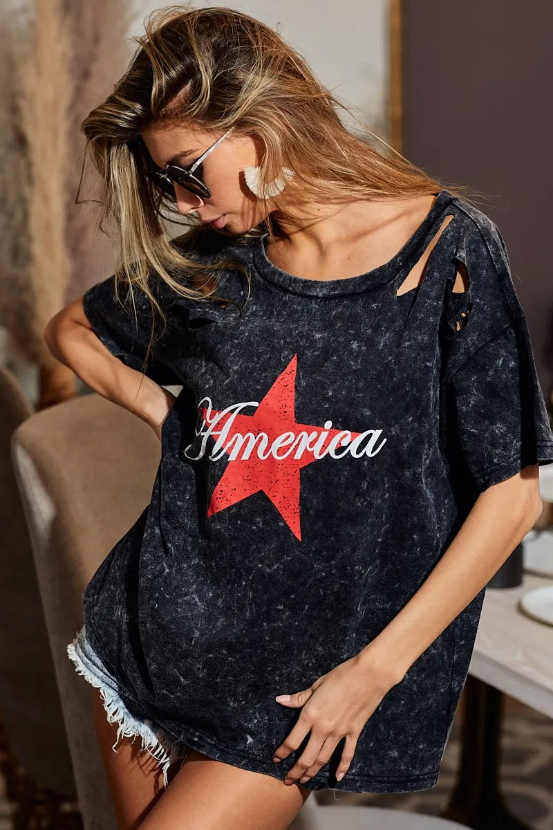 BiBi Laser Cut Mineral Washed Jersey Top with America