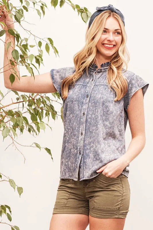 Lime 'N' Chili Mineral Wash Flutter Sleeve Button Down Shirt