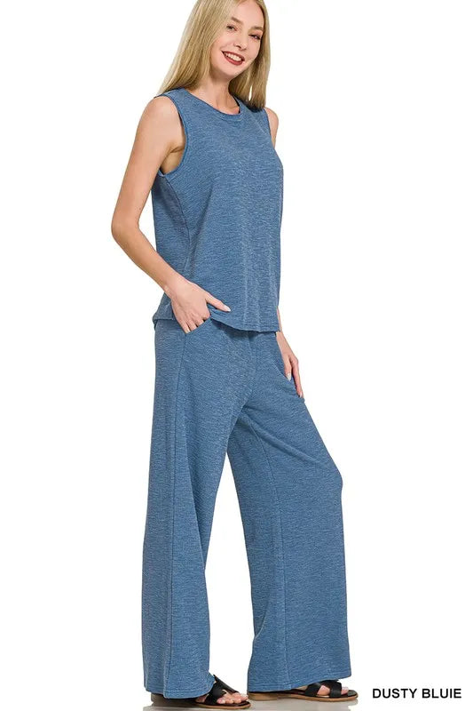 Zenana Cotton Slub Tank & Pants Set DUSTY BLUE