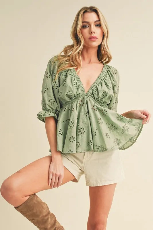 Aemi + Co Eyelet Embroidered V-Neck Half Sleeve Peplum Blouse