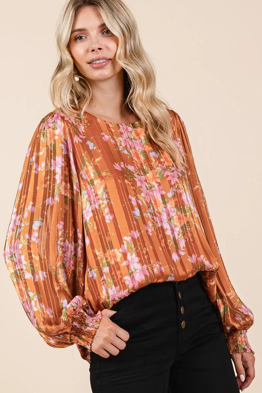 Mittoshop Satin Gold Lurex Striped Long Sleeve Chiffon Top CARAMEL