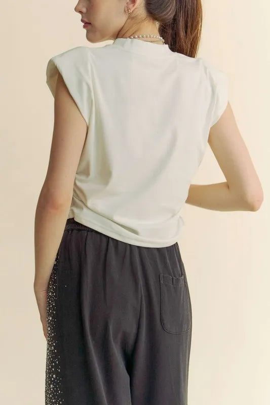 Davi & Dani Solid Mock Neck Short Sleeve Jewel Crop Top