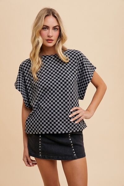 Annie Wear Checkered Round Neck Short Sleeve T-Shirt Black