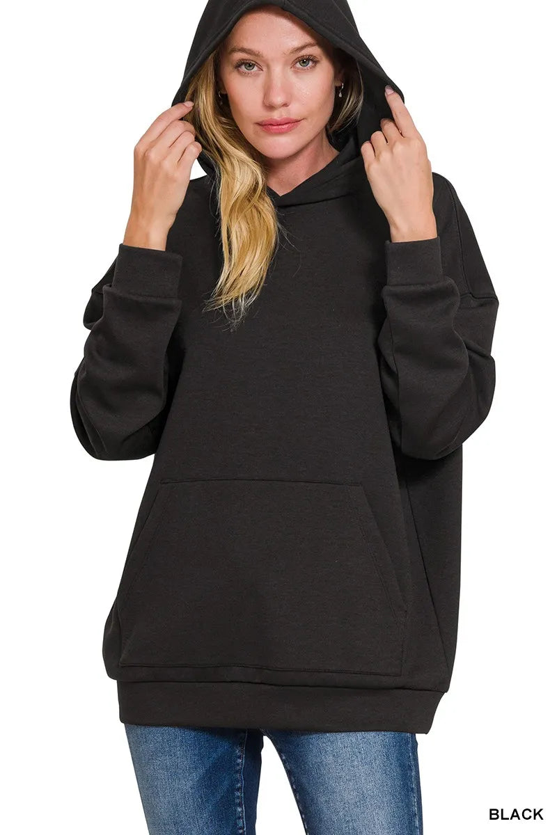 Zenana Oversized Scuba Hoodie with Kangaroo Pocket BLACK