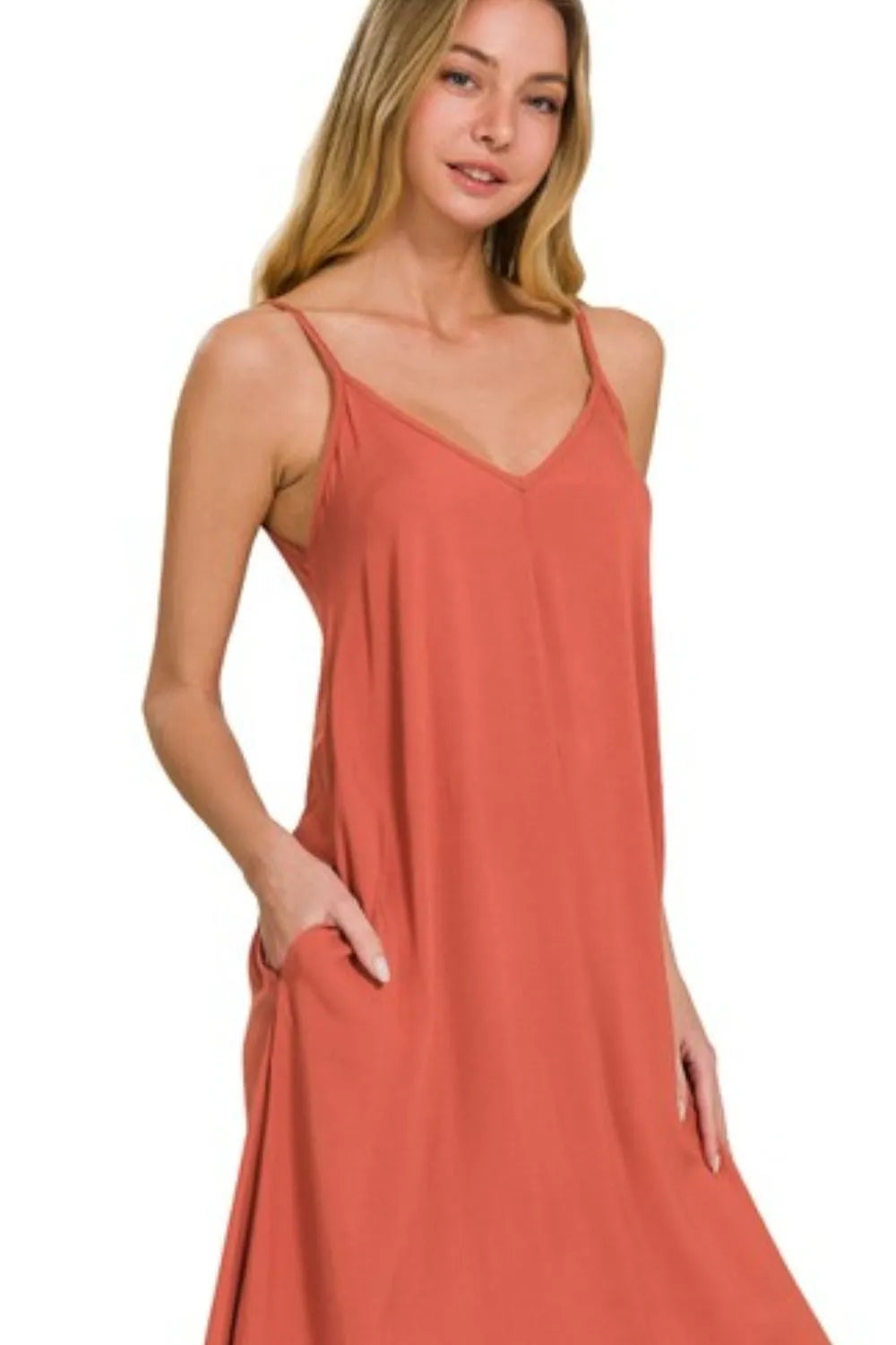Zenana Woven Arc Hem Cami Midi Dress With Flowy Pockets