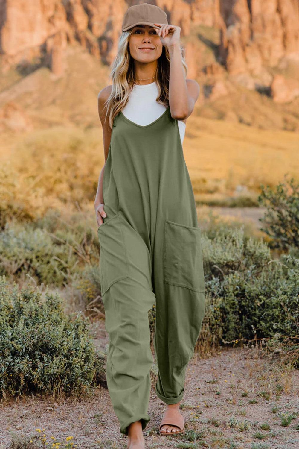 Double Take Full Size V-Neck Sleeveless Jumpsuit with Pockets Army Green