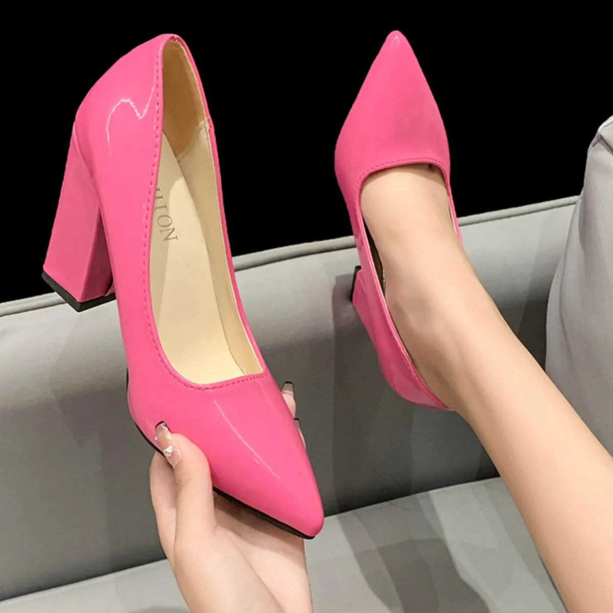 Point Toe Block Heels Pumps Fuchsia Pink