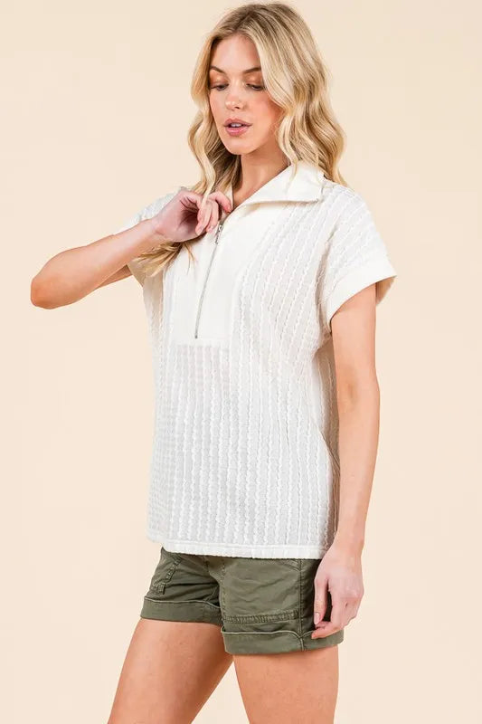 Lime 'N' Chili Textured Half Zip Cap Sleeve Contrast Top