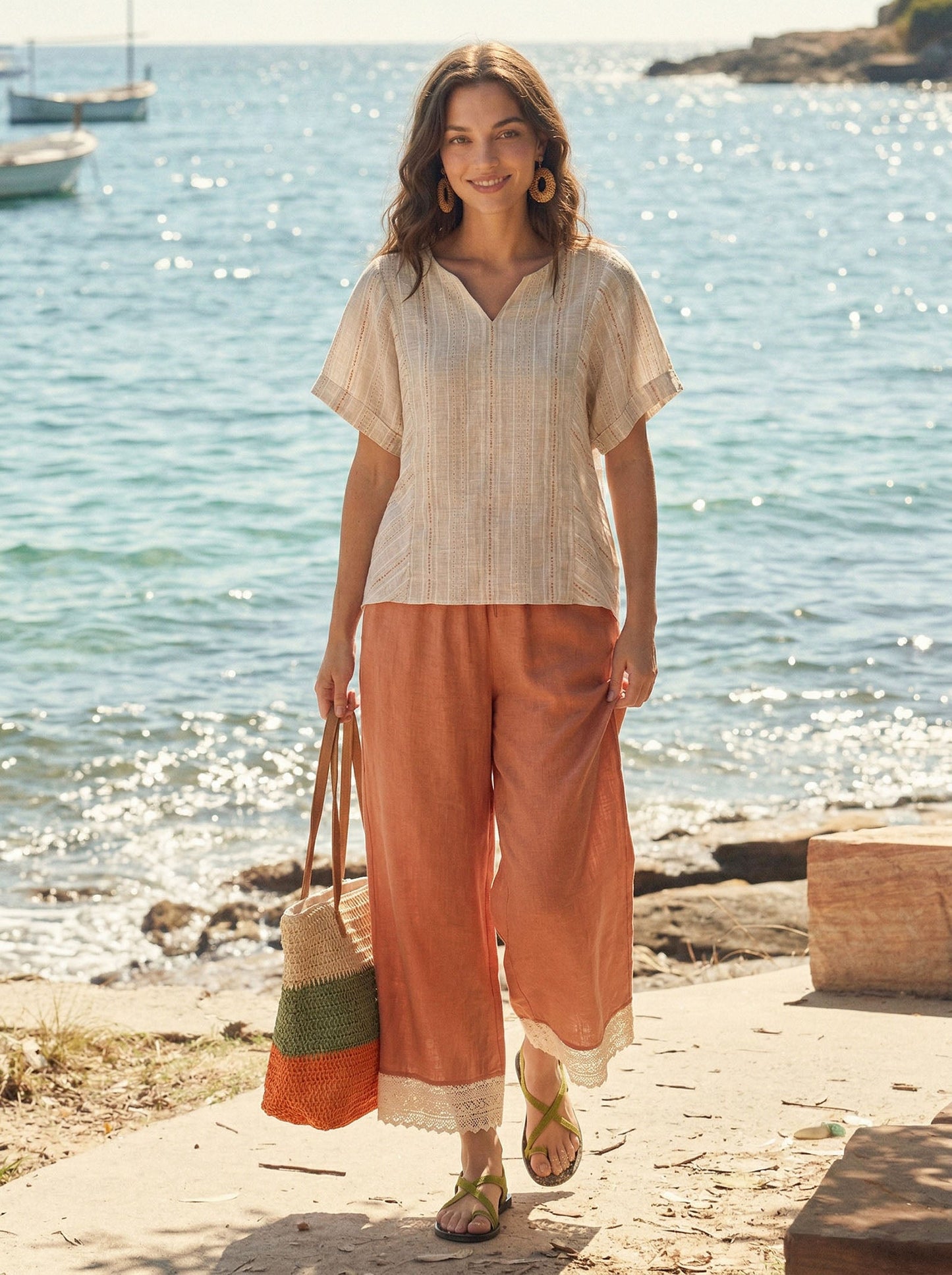 Linen Split-Neck Drop-Shoulder Top KIERA