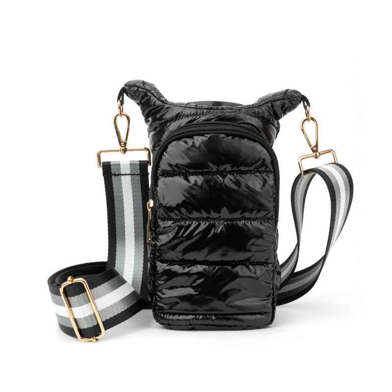 The Capri | Tumbler Carrier Crossbody Black with White Stripe Strap