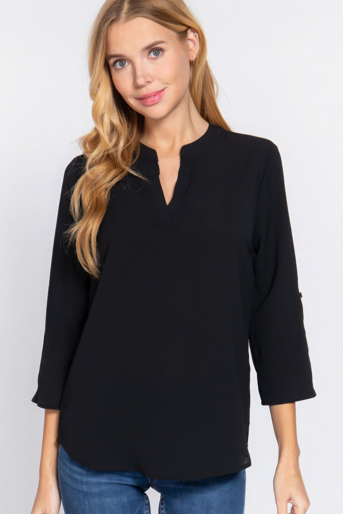 3/4 Roll Up Sleeve Black Woven Blouse