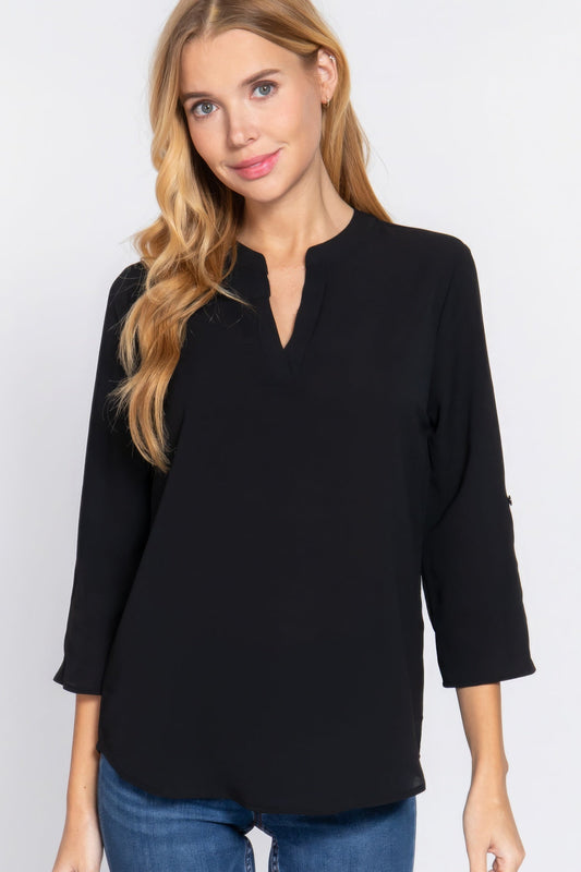 3/4 Roll Up Sleeve Black Woven Blouse
