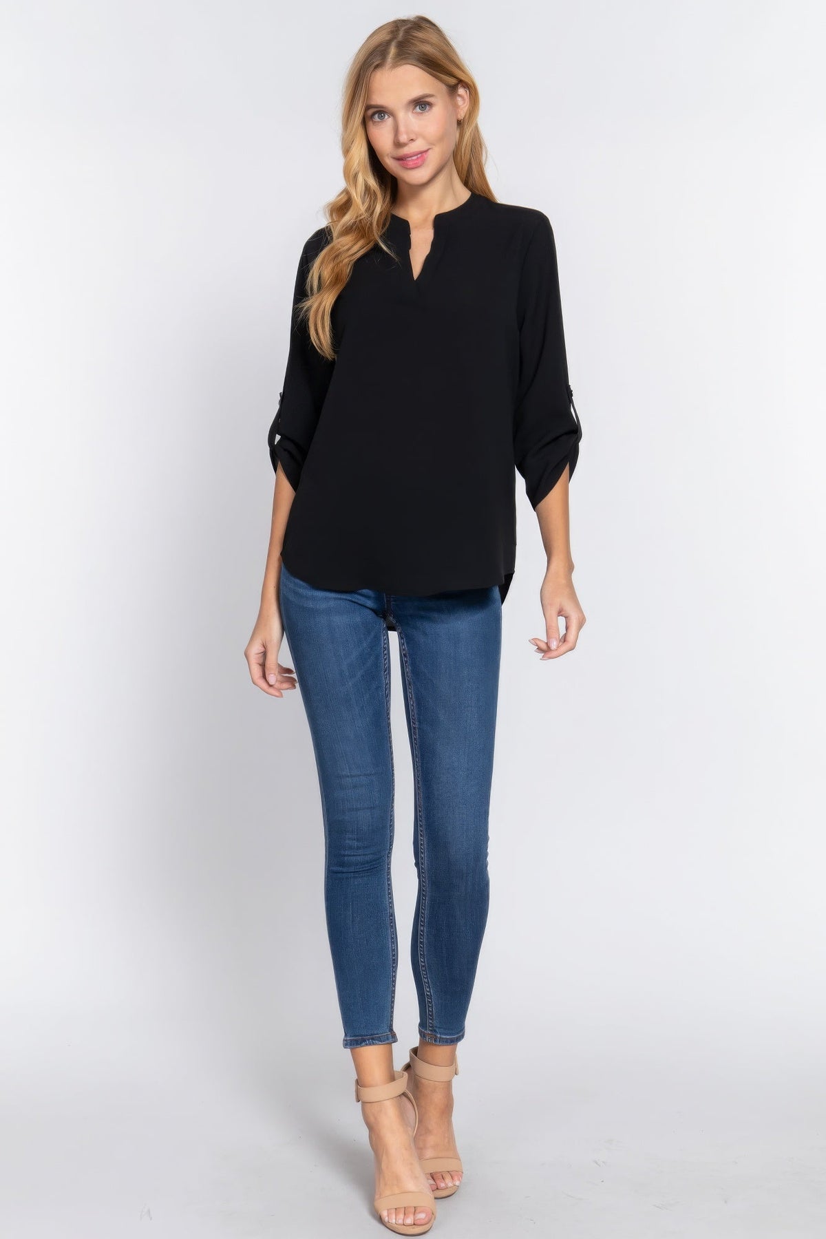 3/4 Roll Up Sleeve Black Woven Blouse