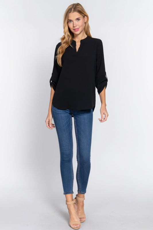 3/4 Roll Up Sleeve Black Woven Blouse