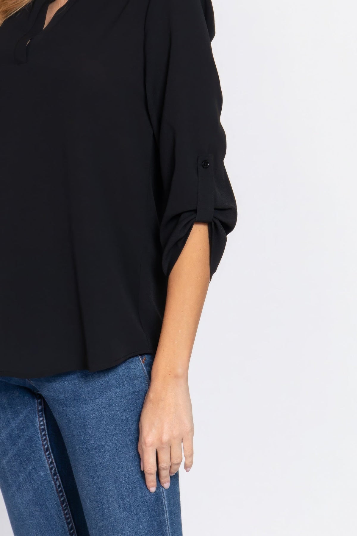 3/4 Roll Up Sleeve Black Woven Blouse