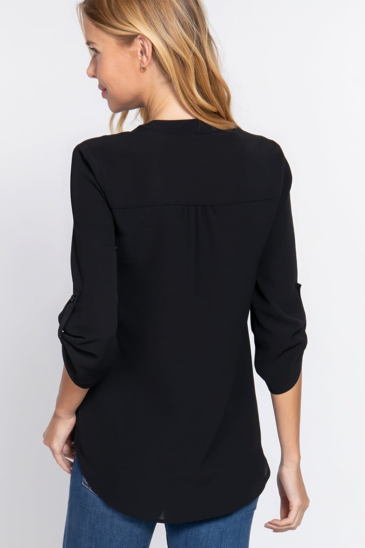 3/4 Roll Up Sleeve Black Woven Blouse