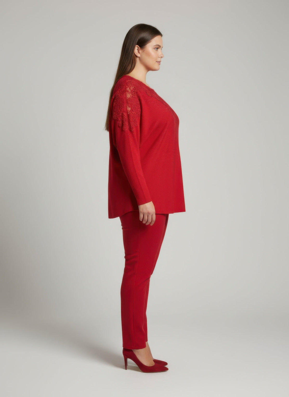 Crimson Lace Embellished Knit Tunic Top