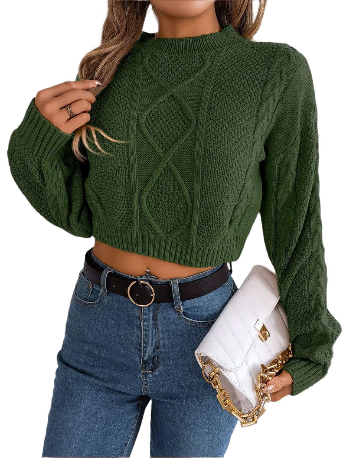 Cable-Knit Round Neck Cropped Sweater