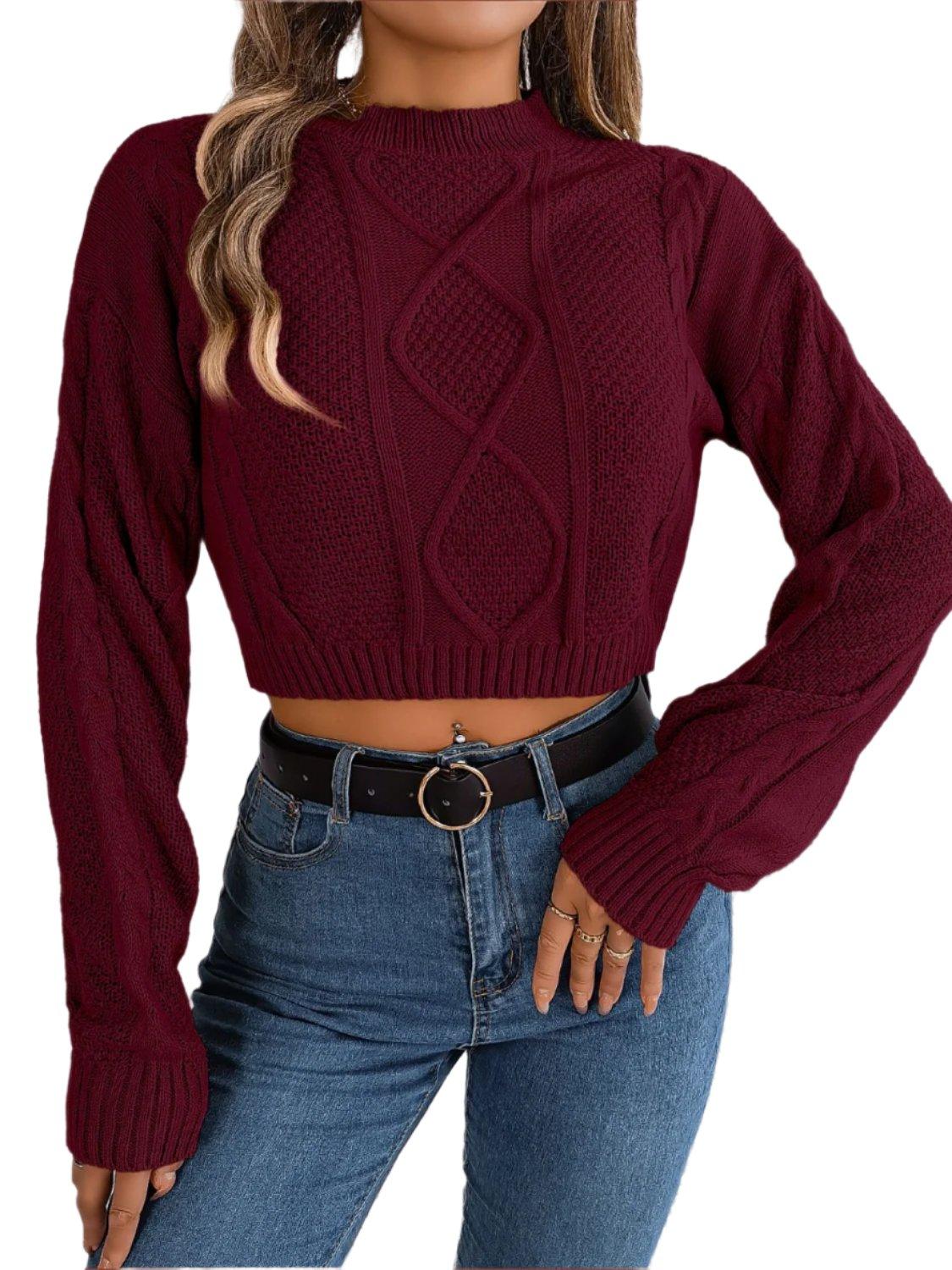 Cable-Knit Round Neck Cropped Sweater Wine