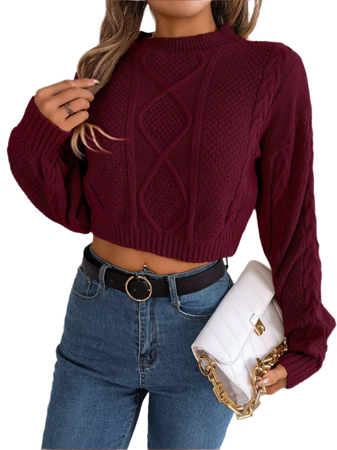 Cable-Knit Round Neck Cropped Sweater