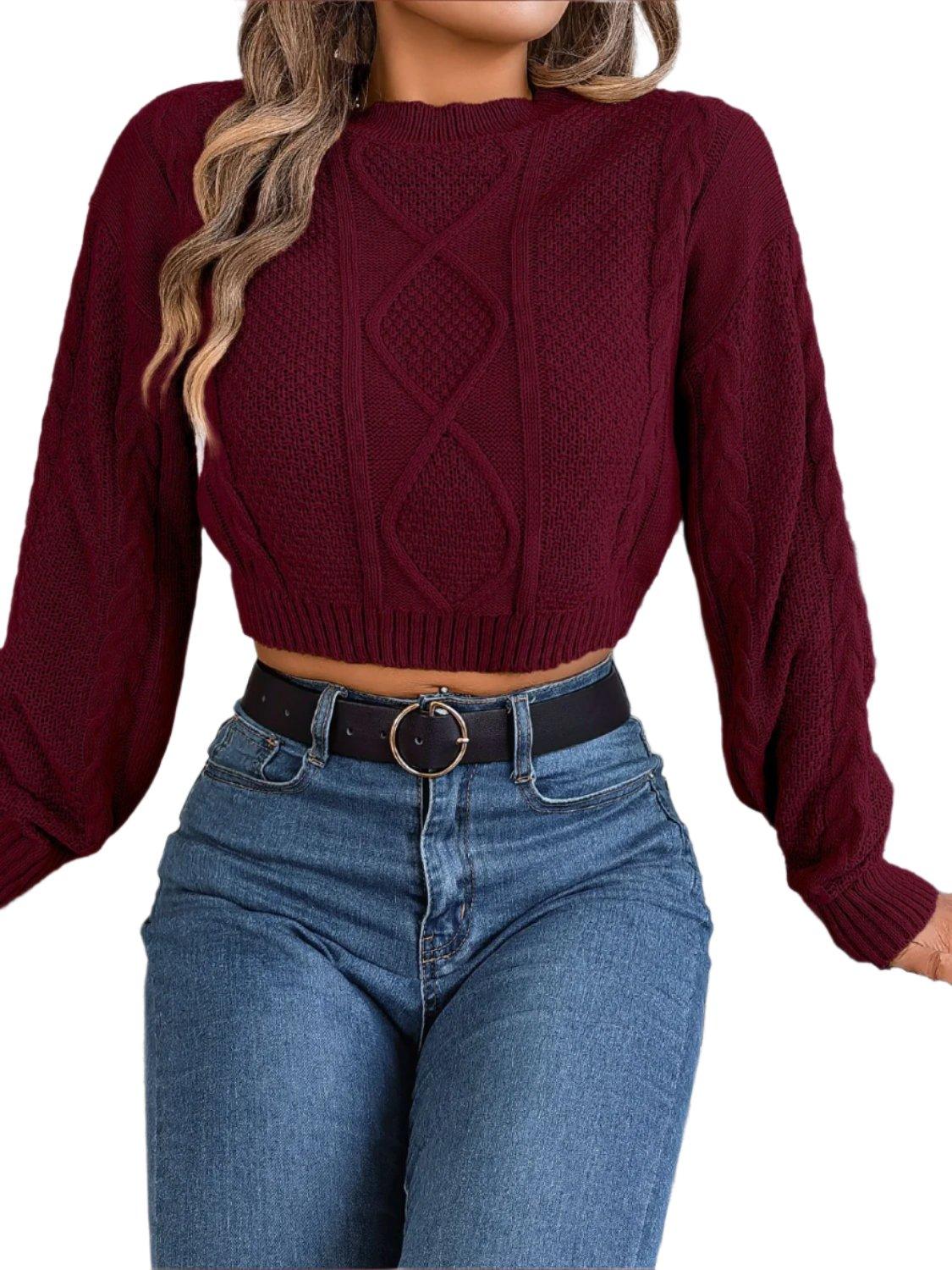 Cable-Knit Round Neck Cropped Sweater