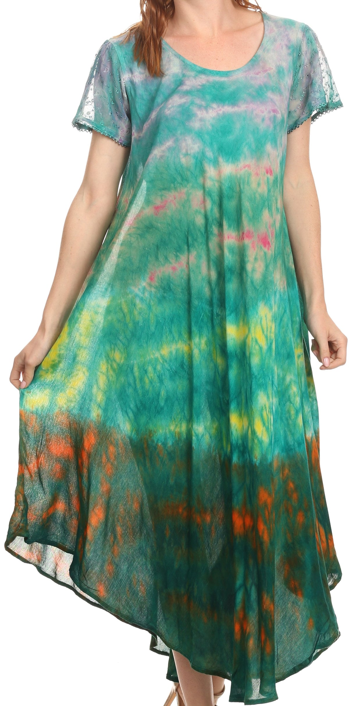 Sakkas Kaylaye Long Tie Dye Ombre Embroidered Cap Sleeve Caftan Dress / Cover Up