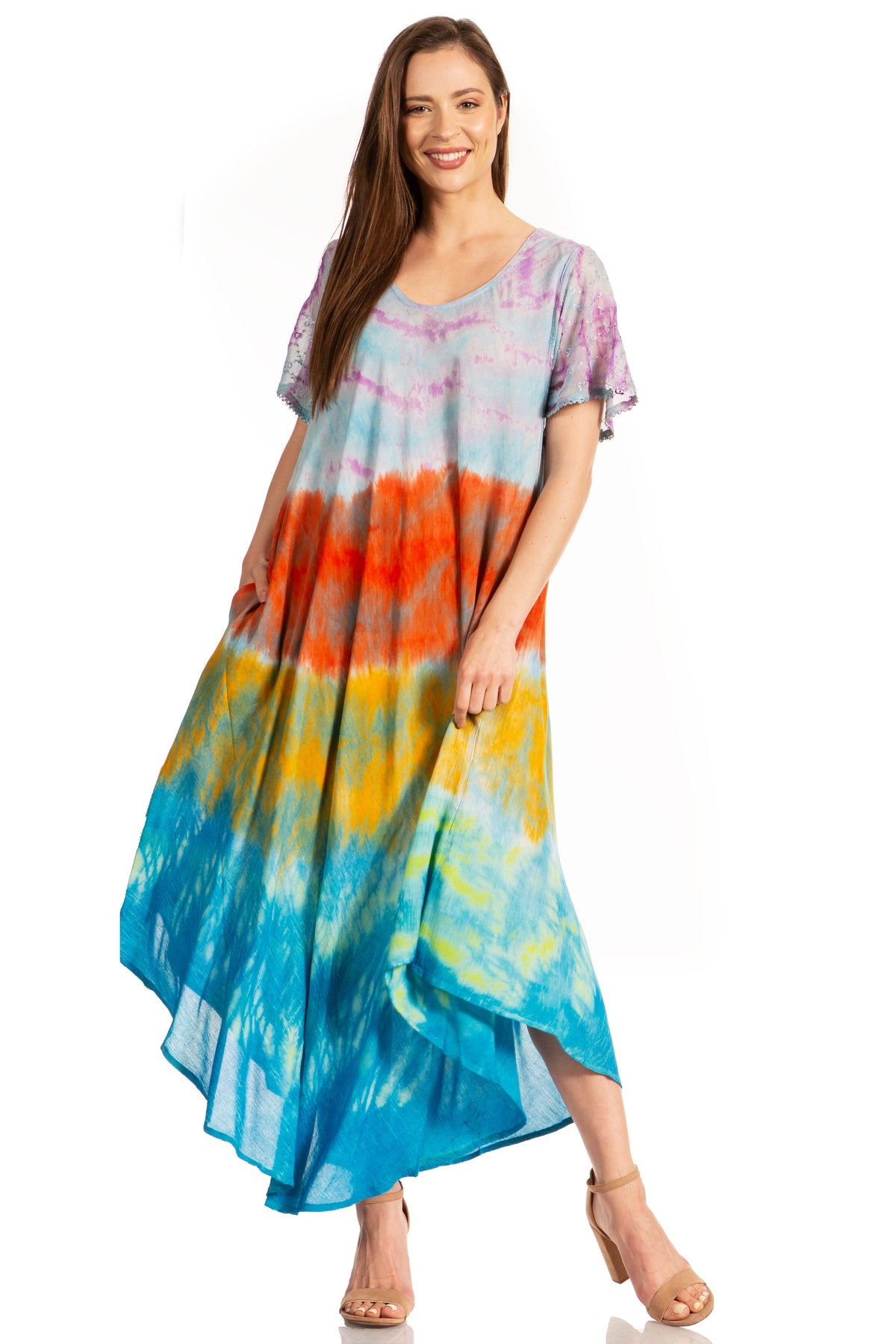 Sakkas Kaylaye Long Tie Dye Ombre Embroidered Cap Sleeve Caftan Dress / Cover Up