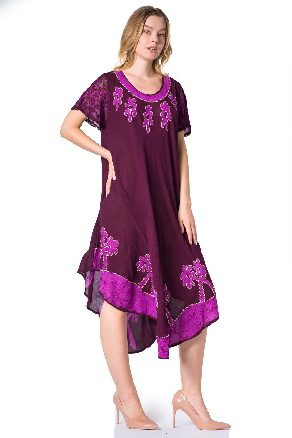 Sakkas Batik Palm Tree Cap Sleeve Caftan Dress / Cover Up