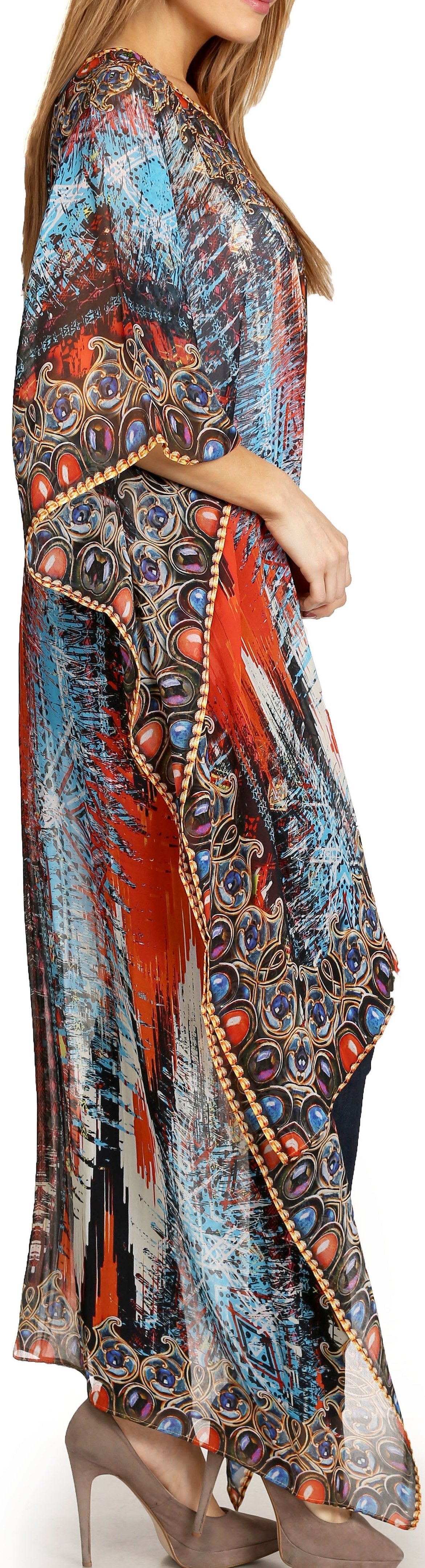 Sakkas Zeke Hi Low V-Neck Caftan Dress Printed Top Cover / Up