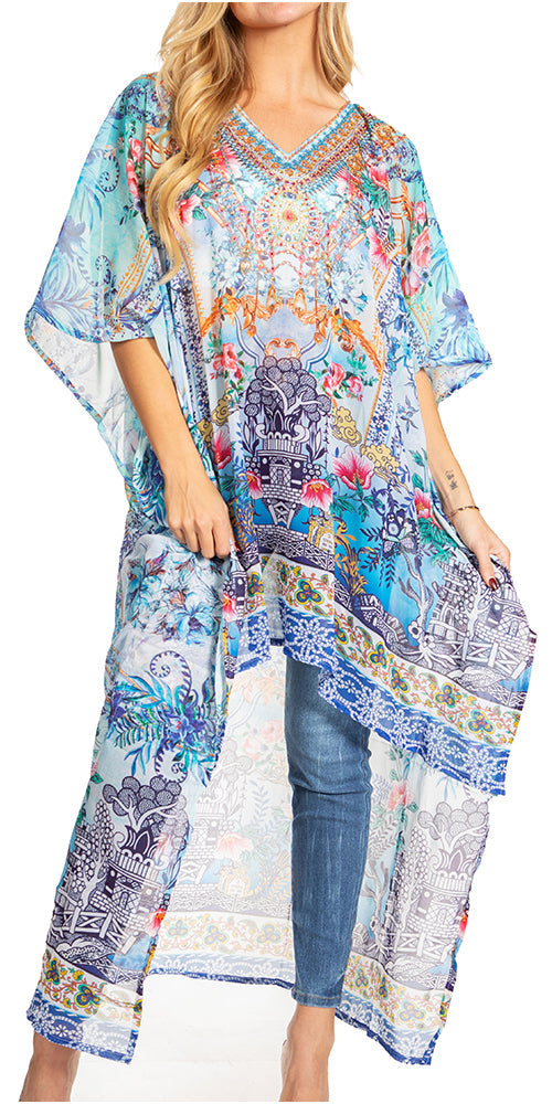 Sakkas Zeke Hi Low V-Neck Caftan Dress Printed Top Cover / Up