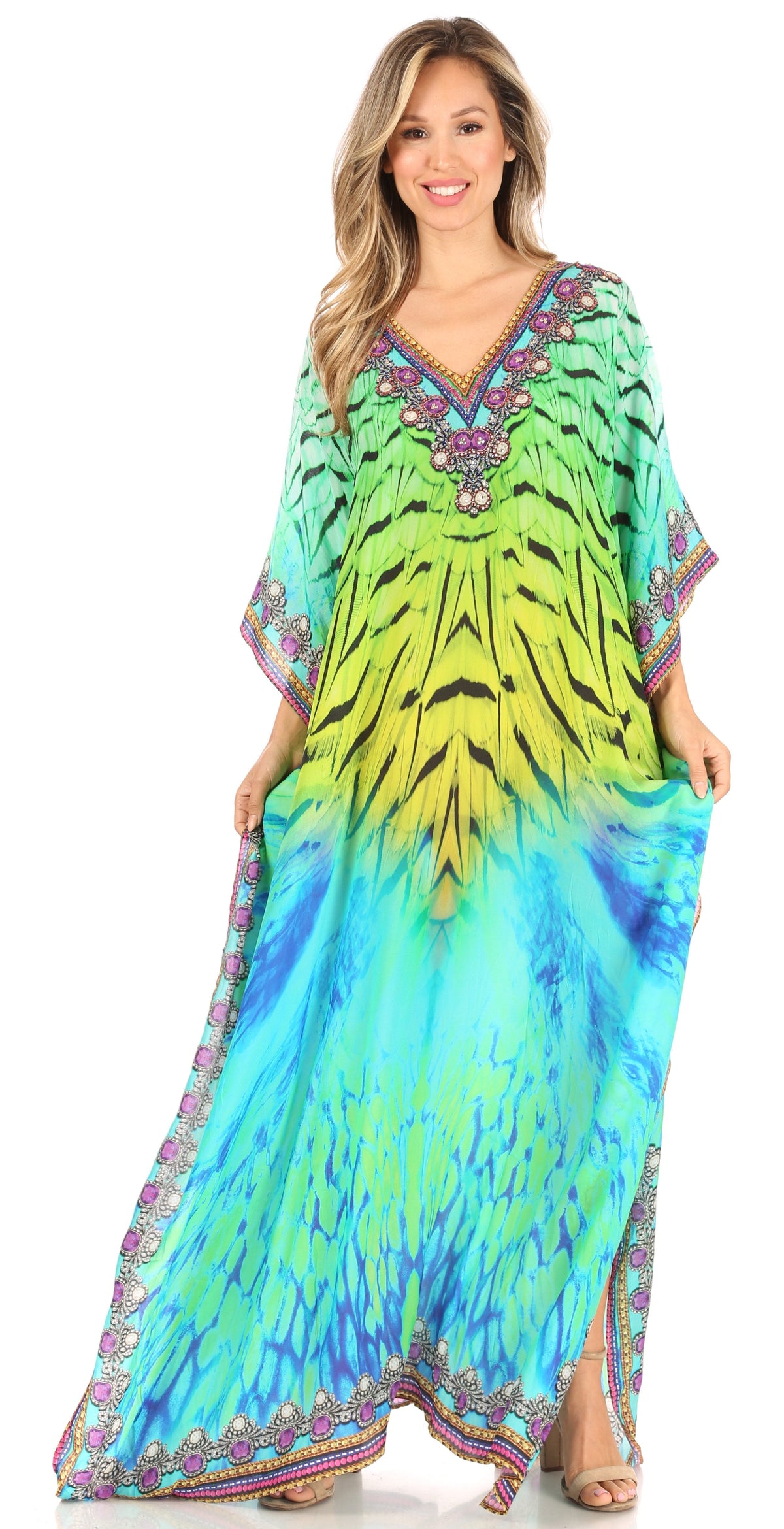 Sakkas Anahi Flowy Design V Neck Long Caftan Dress / Cover Up With Rhinestone