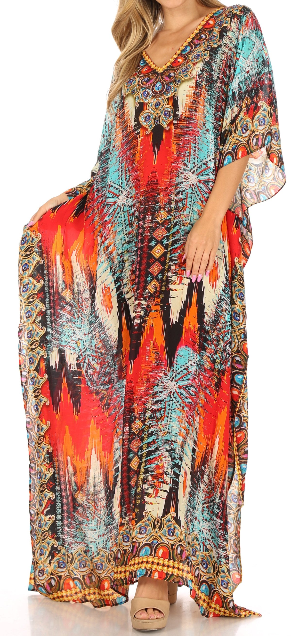 Sakkas Anahi Flowy Design V Neck Long Caftan Dress / Cover Up With Rhinestone