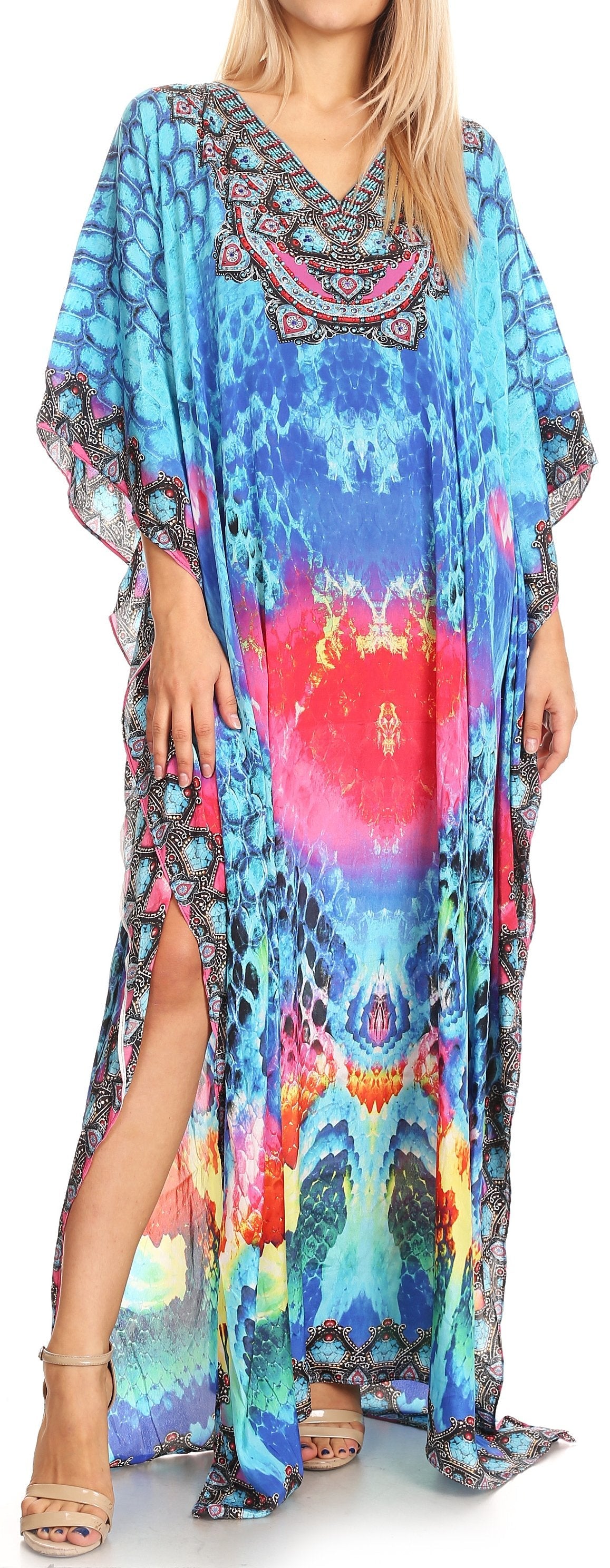Sakkas Anahi Flowy Design V Neck Long Caftan Dress / Cover Up With Rhinestone