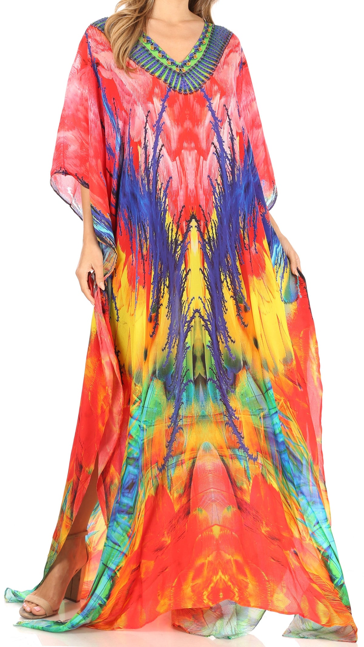 Sakkas Anahi Flowy Design V Neck Long Caftan Dress / Cover Up With Rhinestone